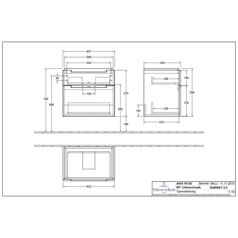 Villeroy & Boch Subway 2.0 Waschtischunterschrank XXL 63,7 cm, Griffe chromfarbig glänzend, 2 Auszüge