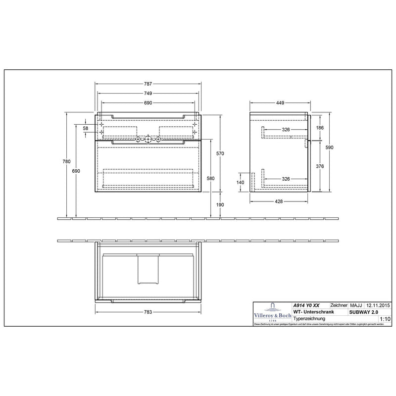 Villeroy & Boch Subway 2.0 Waschtischunterschrank XXL 78,7 cm, Griffe chromfarbig glänzend, 2 Auszüge