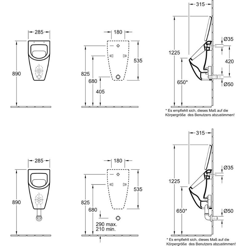 Villeroy & Boch Subway Absaug-Urinal für Deckel, Zulauf verdeckt