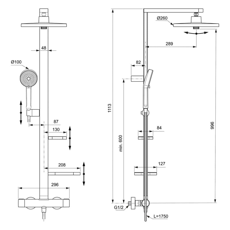 Ideal Standard Alu+ Duschsystem mit Ceratherm Brausethermostat, 2 Ablagen, 2-Funktions-Handbrause und 2-Funktions-Kopfbrause