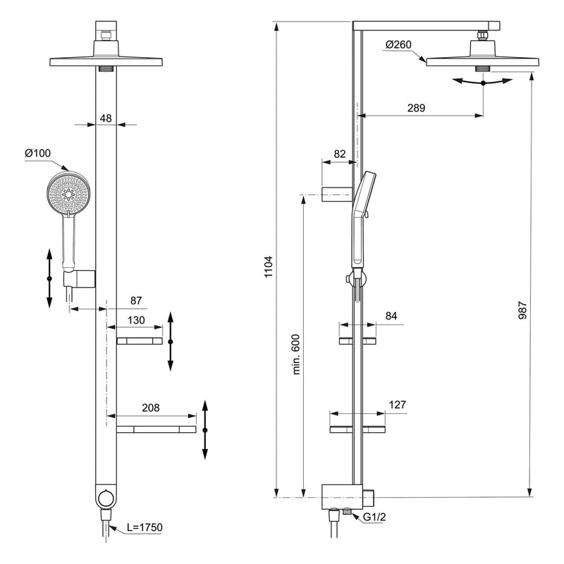 Ideal Standard Alu+ Duschsystem ohne Armatur, mit 2 Ablagen, 2-Funktions-Handbrause und 2-Funktions-Kopfbrause