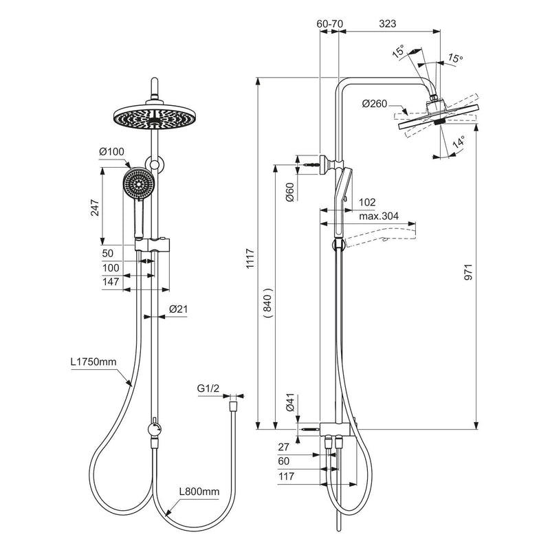 Ideal Standard Ceraflow 25+ Duschsystem ohne Armatur mit 2 Funktions-Handbrause und 2 Funktions-Kopfbrause