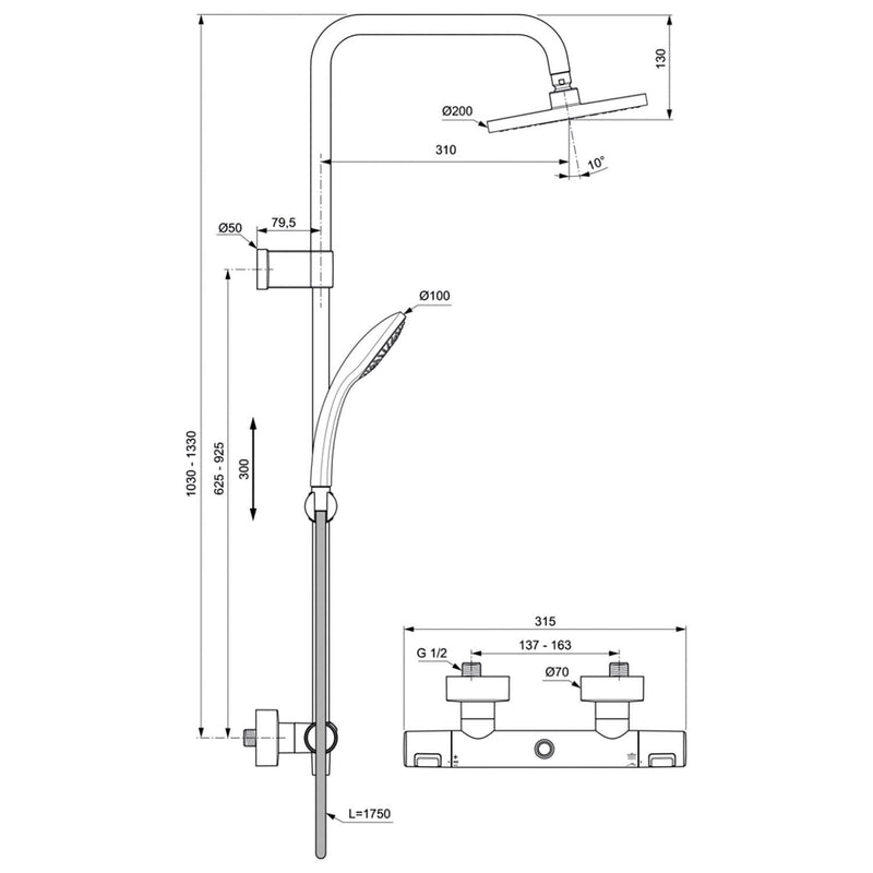 Ideal Standard CeraTherm T25 Duschsystem mit Teleskopfunktion