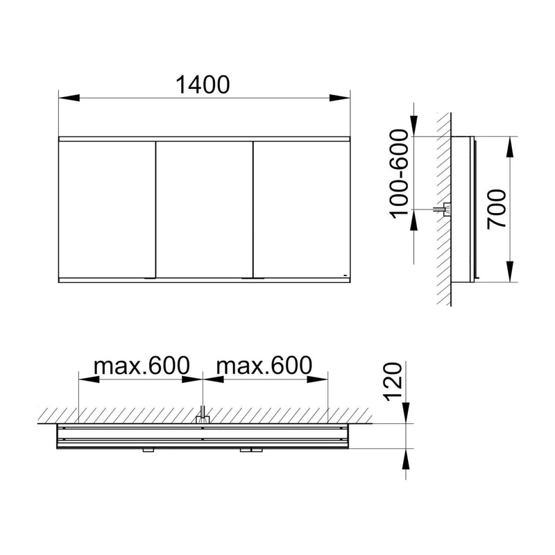 Keuco Royal P94 Aufputz-Spiegelschrank 3-türig 140 x 12 cm, mit LED-Beleuchtung