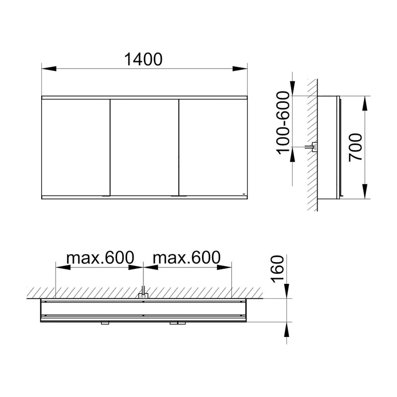 Keuco Royal P94 Aufputz-Spiegelschrank 3-türig 140 x 16 cm, mit LED-Beleuchtung