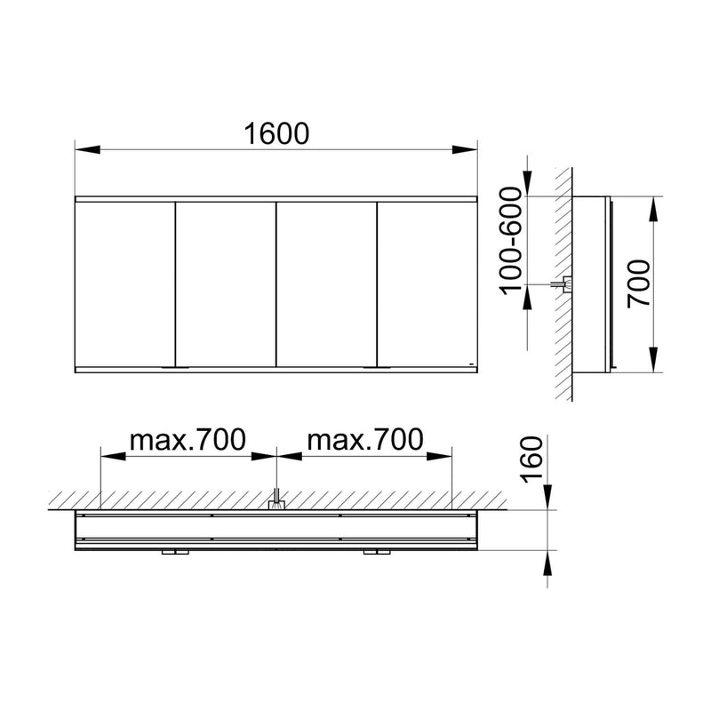 Keuco Royal P94 Aufputz-Spiegelschrank 4-türig 160 x 16 cm, mit LED-Beleuchtung