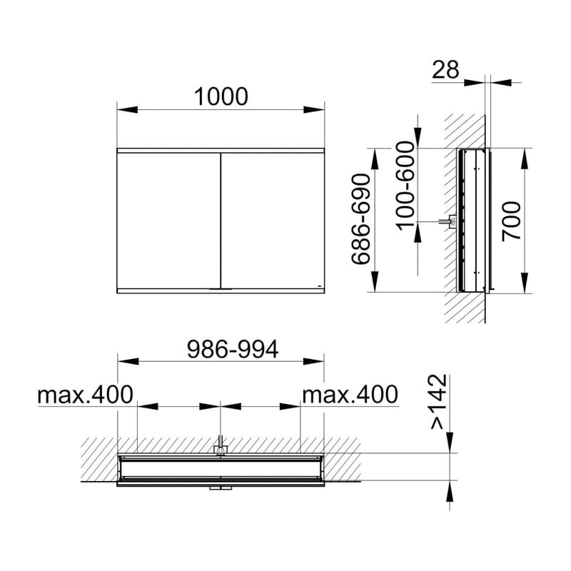 Keuco Royal P94 Unterputz-Spiegelschrank 2-türig 100 x 14,7 cm, mit LED-Beleuchtung