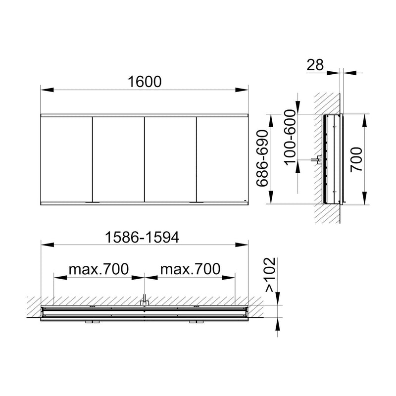 Keuco Royal P94 Unterputz-Spiegelschrank 4-türig 160 x 10,7 cm, mit LED-Beleuchtung