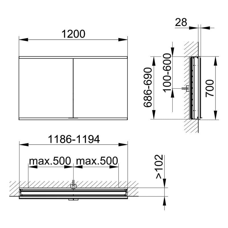 Keuco Royal P94 Unterputz-Spiegelschrank 2-türig 120 x 10,7 cm, mit LED-Beleuchtung