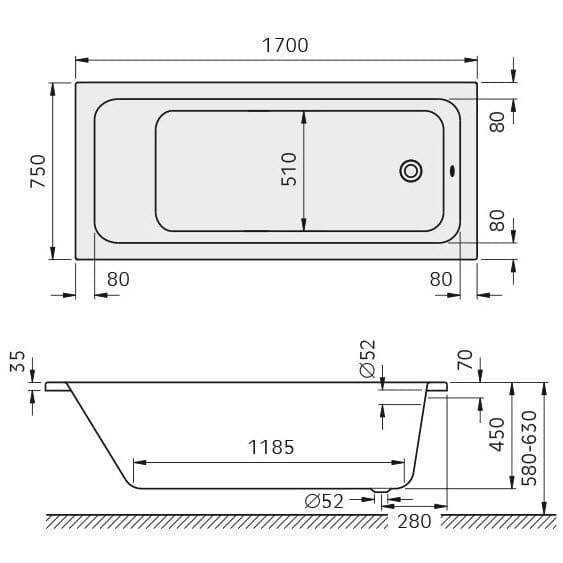 Kronenbach Cube Solo-Badewanne 170 x 75 cm
