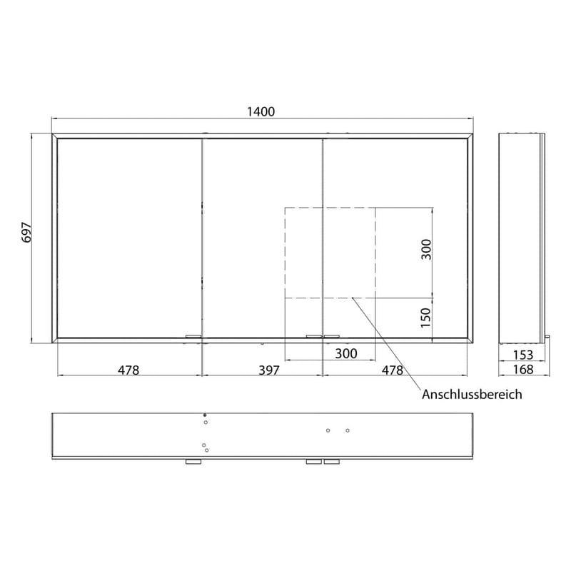 Kronenbach Cube 2.0 Spiegelschrank 140 cm, Aufputz, 3-türig