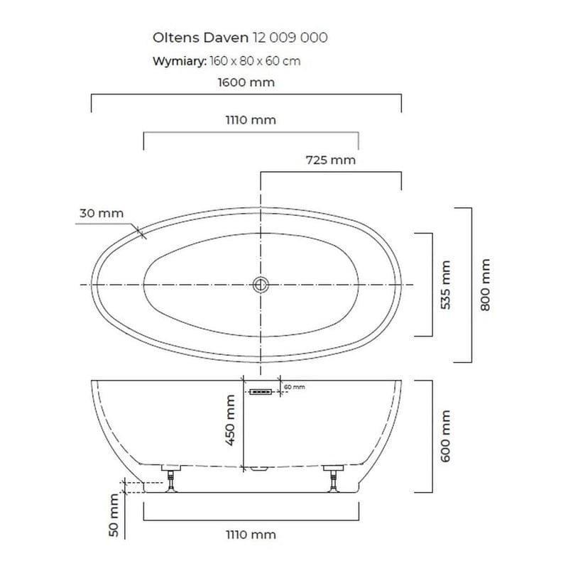OLTENS Daven freistehende Badewanne oval 160 x 80 cm