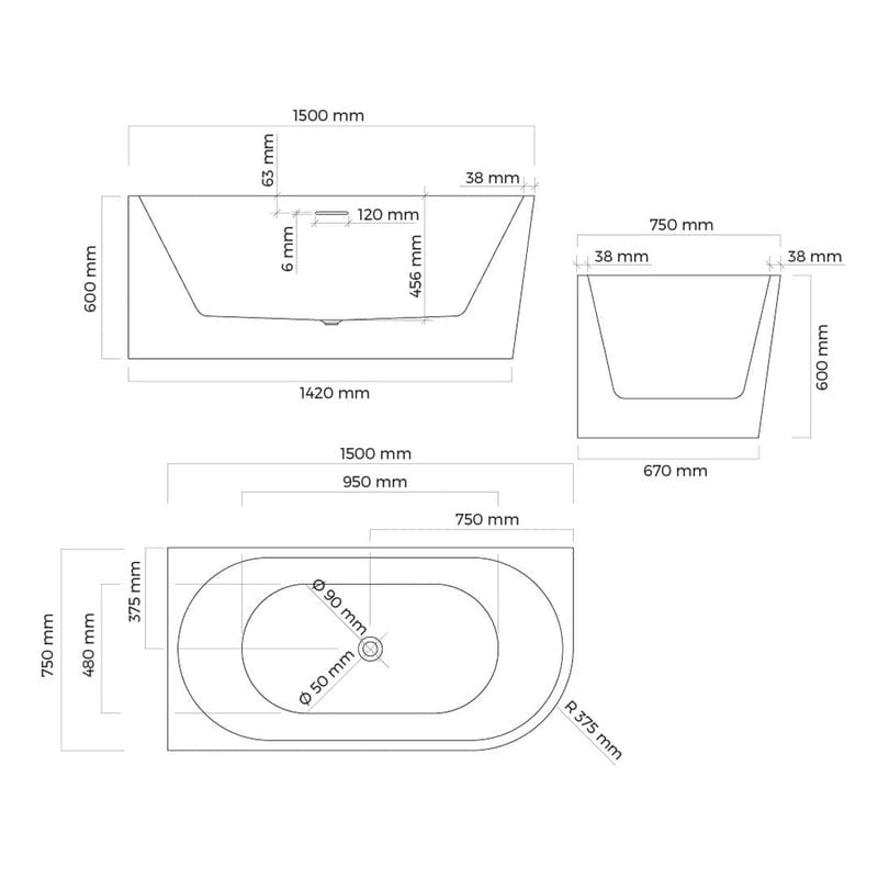 OLTENS Delva freistehende Badewanne mit Ecke rechts 150 x 75 cm