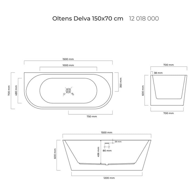 OLTENS Delva wandgemonteerd ovaal badkuip