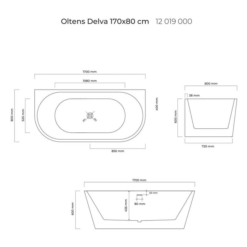 OLTENS Delva wandmontierte Badewanne oval 170 x 80 cm