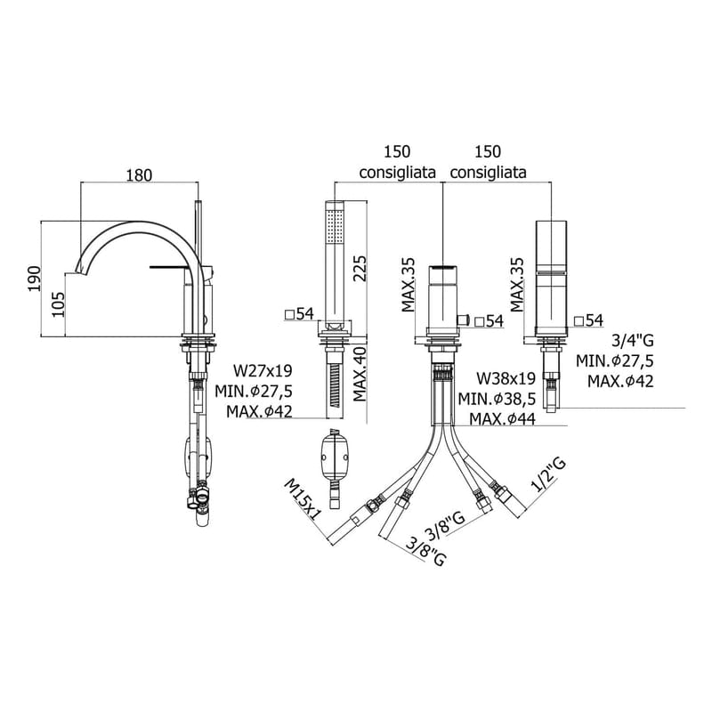 pianura Giulia Dreiloch-Wannenrand-Einhebelmischer inkl. Brausegarnitur