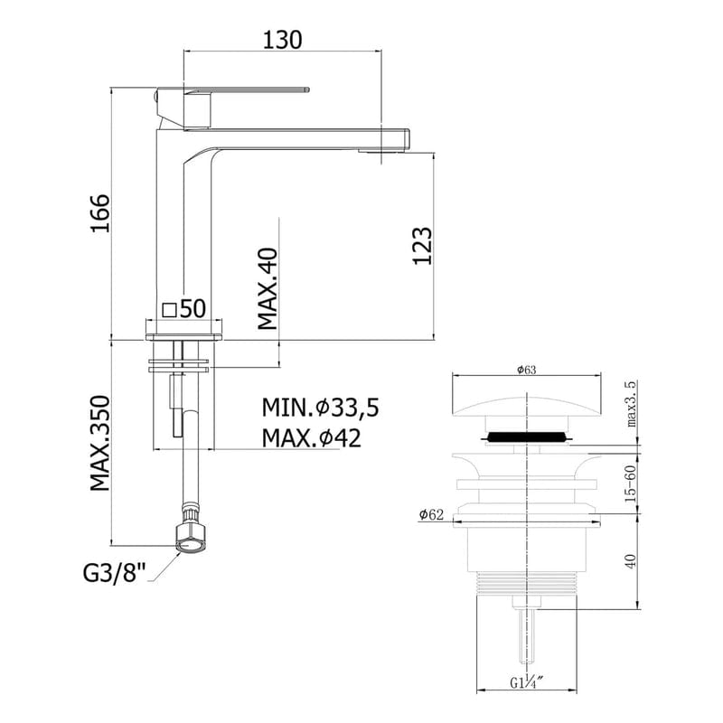 pianura Giulia Waschtisch-Einhebelmischer, wassersparend inkl. Pop Up Ablaufventil