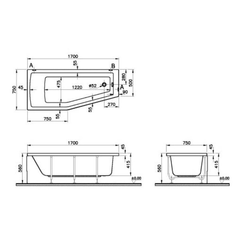 pianura Gina Raumsparwanne 170 x 75 cm Ecke links