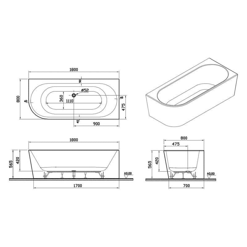 pianura Valentina Eckbadewanne 180 x 80 cm mit Ecke rechts