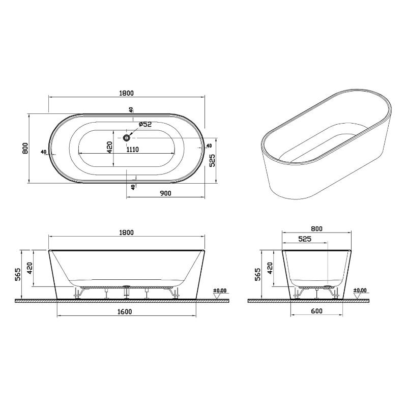 pianura Valentina Badewanne oval freistehend 180 x 80 cm mit Schürze und verdecktem Überlauf