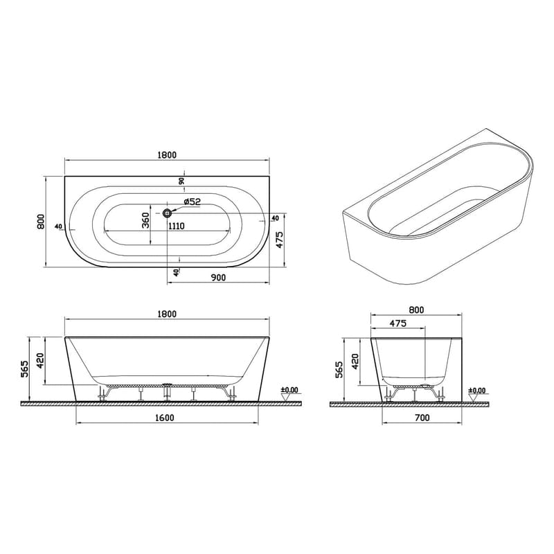 pianura Valentina Vorwand-Badewanne 180 x 80 cm