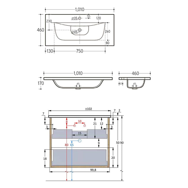 PIANURA Stella Waschtisch mit Unterschrank 121 cm, mit 2 Hahnlöchern