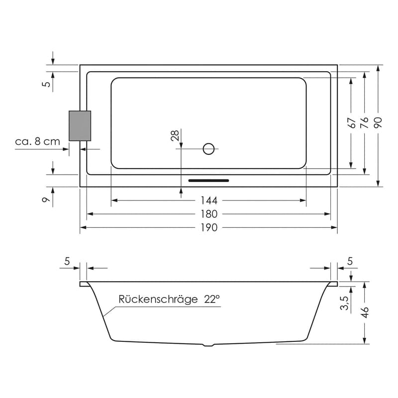 Steinkamp Life Rechteck-Badewanne mit Whirlsystem 190 x 90 cm, inkl. Viega Multiplex Trio MT5