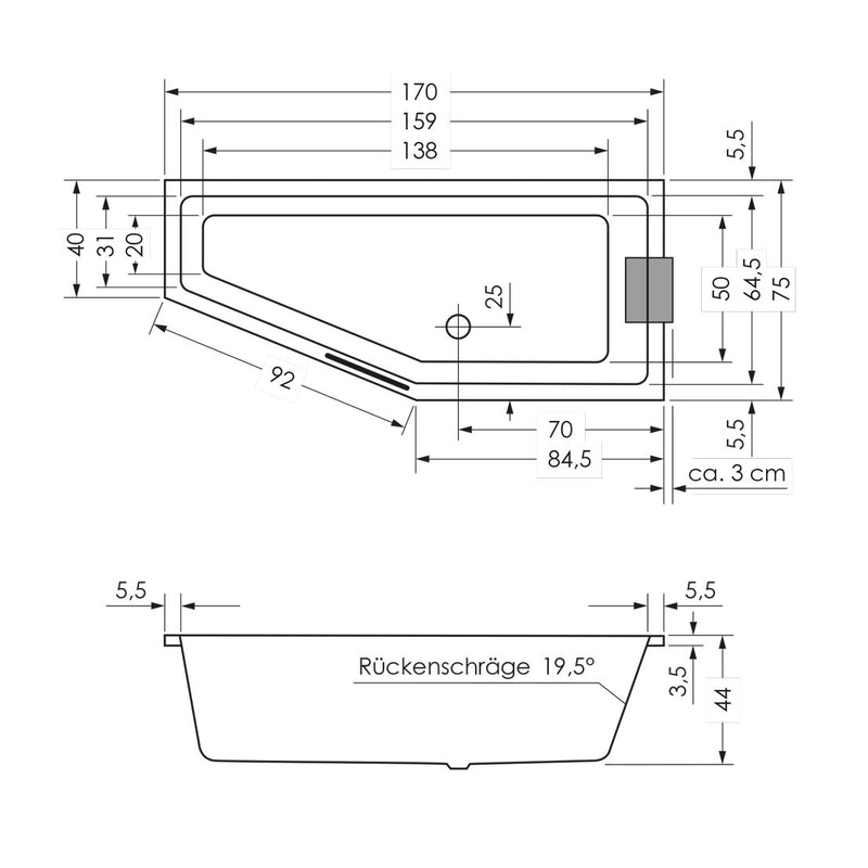 Steinkamp Life Raumsparbadewanne 170 x 75 cm Ausführung links