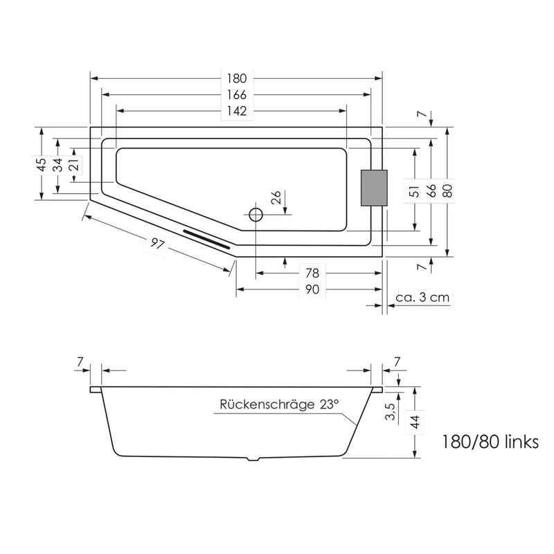 Steinkamp Life Raumsparbadewanne 180 x 80 cm Ausführung links