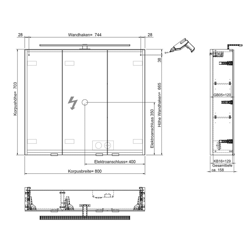 Steinkamp Living 2.0 Spiegelschrank 80 cm mit 3 Drehtüren, inkl. LED-Aufsatzleuchte