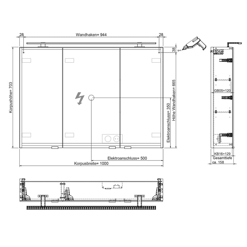 Steinkamp Living 2.0 Spiegelschrank 100 cm mit 3 Drehtüren, inkl. LED-Aufsatzleuchte