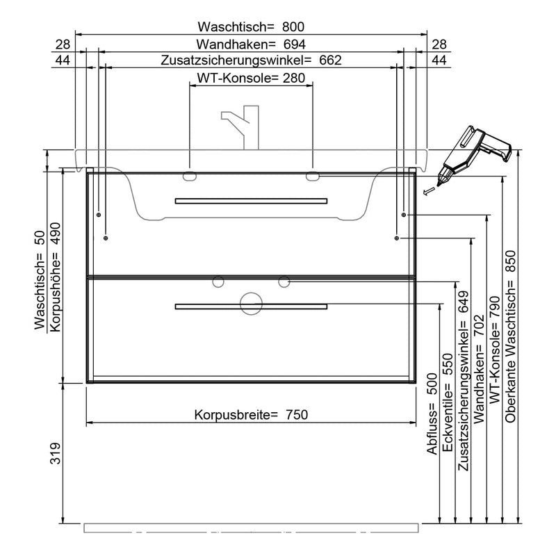 Steinkamp Living 2.0 Waschtischunterschrank 75 cm mit Villeroy & Boch Subway 3.0 Waschtisch 80 cm mit Überlauf