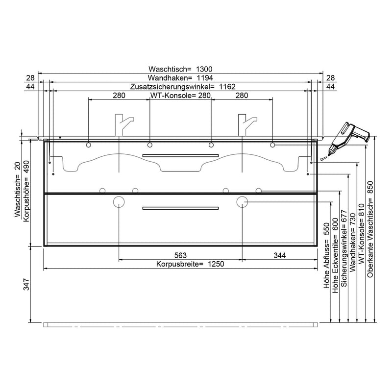 Steinkamp Living 2.0 Waschtischunterschrank 125 cm mit Villeroy & Boch Venticello Doppel-Waschtisch 130 cm CeramitPlus mit Überlauf