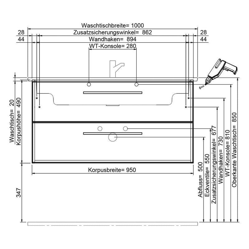 Steinkamp Living 2.0 Waschtischunterschrank 95 cm mit Villeroy & Boch Venticello Waschtisch 100 cm CeramicPlus mit Überlauf, Becken rechts