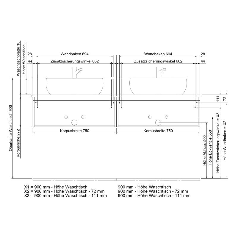 Steinkamp Value Waschtischkonsole 151 cm mit 2 Auszügen, für 2 Waschtische