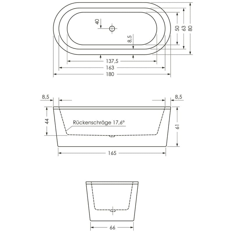 Steinkamp Life freistehende Badewanne 180 x 80 cm mit M5 Ab- und Überlaufgarnitur