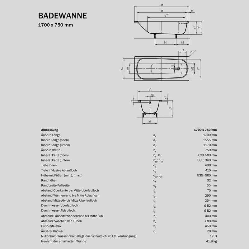 Sturotec Sturoform Rechteck-Badewanne 170 x 75 cm