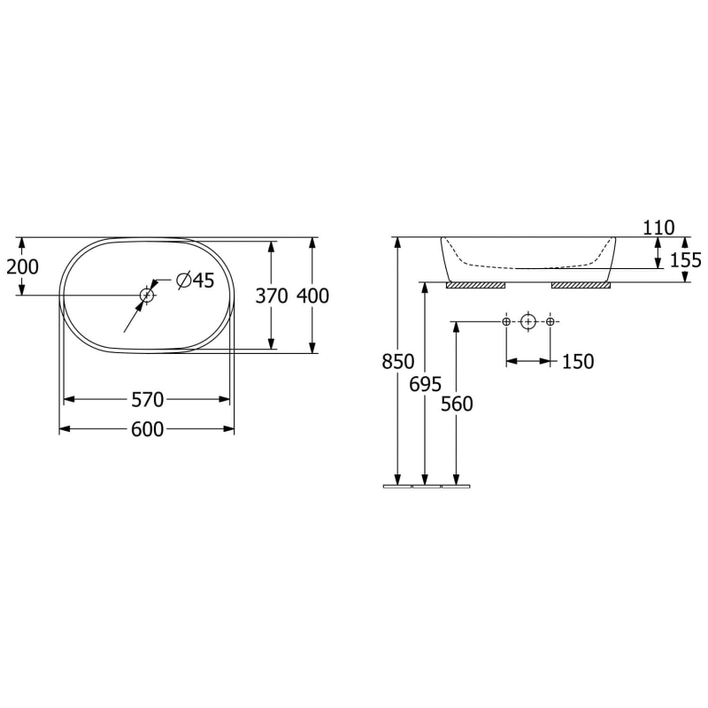 Villeroy & Boch Architectura Aufsatzwaschbecken oval 60 x 40 x 15,5 cm, mit Überlauf, ungeschliffen