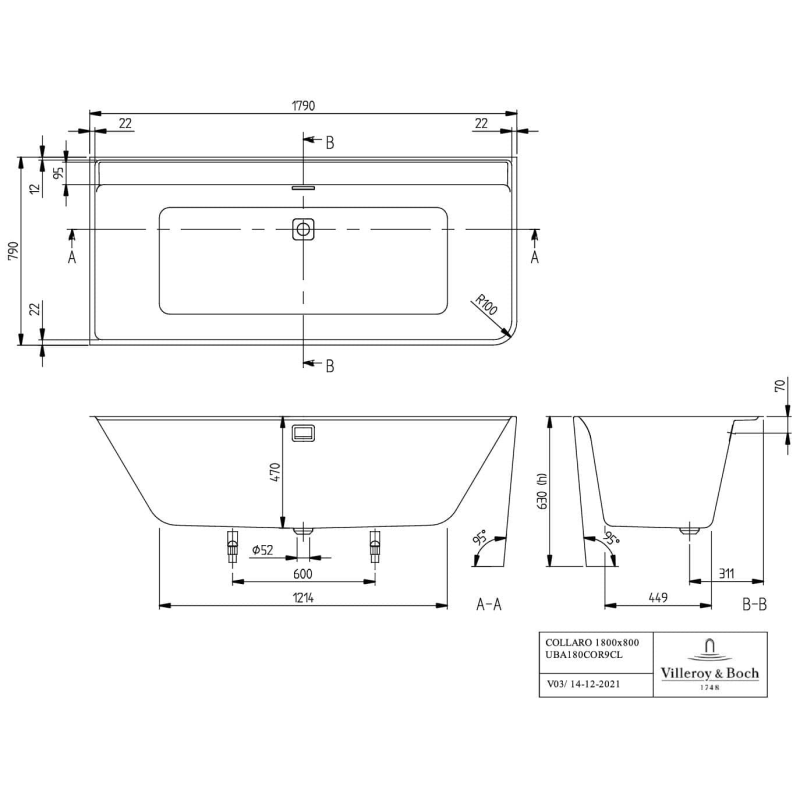 Villeroy & Boch Collaro Vorwand-Badewanne Duo 179 x 79 cm für Eckeinbau links