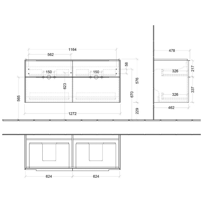 Villeroy & Boch Subway 3.0 Waschtischunterschrank 127,2 cm, 4 Auszüge, Griffe glänzend, ohne LED-Licht, für Doppel-Waschtisch