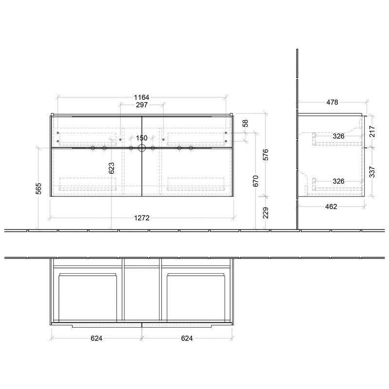 Villeroy & Boch Subway 3.0 Waschtischunterschrank 127,2 cm, 4 Auszüge, Griffe glänzend, ohne LED-Licht