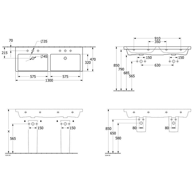 Villeroy & Boch Subway 3.0 Schrank-Doppelwaschtisch 130 cm, mit 2 Hahnlöchern, ohne Überlauf