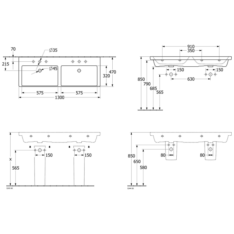 Villeroy & Boch Subway 3.0 Schrank-Doppelwaschtisch 130 cm, mit 2 Hahnlöchern, mit Überlauf