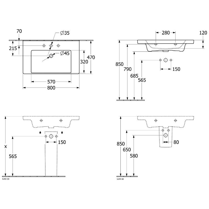 Villeroy & Boch Subway 3.0 Schrankwaschtisch 80 cm, mit 1 Hahnloch, mit Überlauf