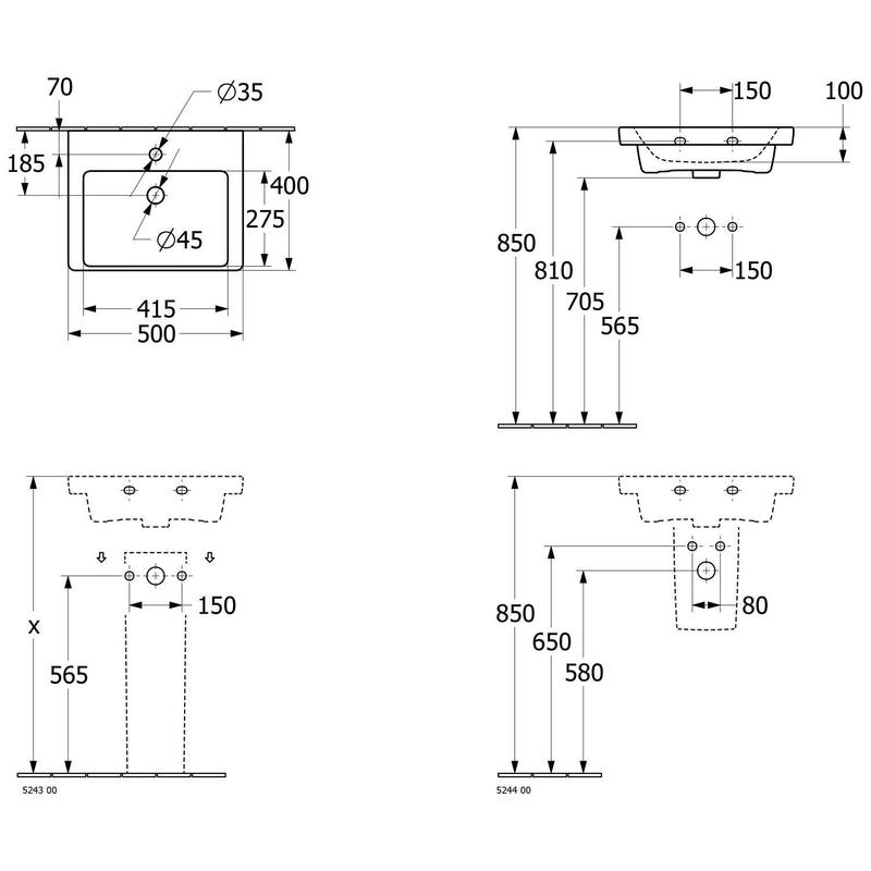 Villeroy & Boch Subway 3.0 Handwaschbecken 50 cm, für Möbelmontage, mit 1 Hahnloch, mit Überlauf