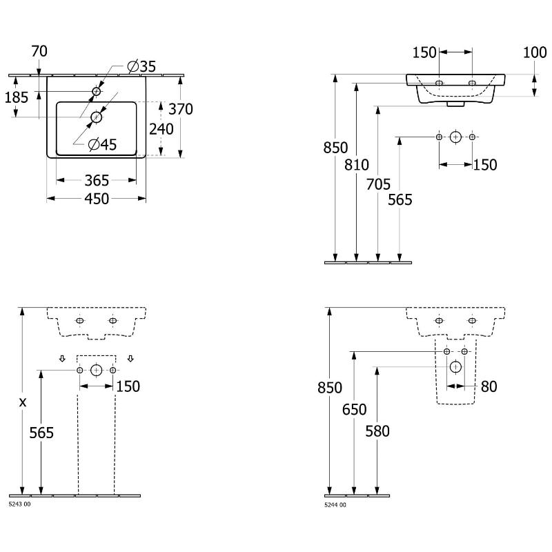 Villeroy & Boch Subway 3.0 Handwaschbecken 45 cm, für Möbelmontage, mit 1 Hahnloch, ohne Überlauf