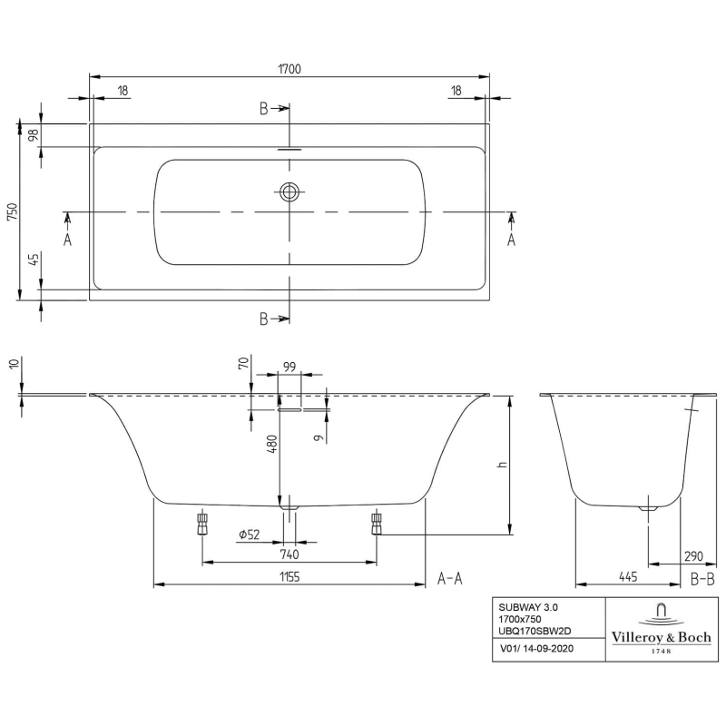 Villeroy & Boch Subway 3.0 Duo Badewanne 170 x 75 cm