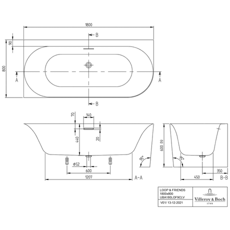 Villeroy & Boch Loop & Friends Oval Duo Vorwand-Badewanne, 180 x 80 cm für Eckeinbau links