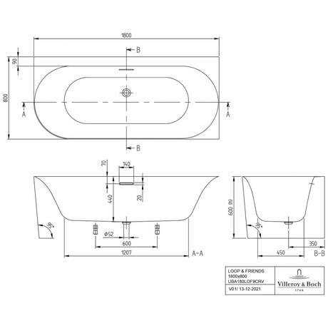 Villeroy & Boch Loop & Friends Oval Duo Vorwand-Badewanne, 180 x 80 cm für Eckeinbau rechts