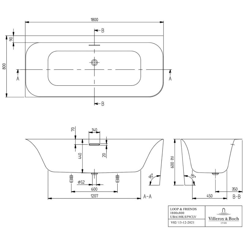 Villeroy & Boch Loop & Friends SQUARE Duo Vorwand-Badewanne, 180 x 80 cm für Eckeinbau links